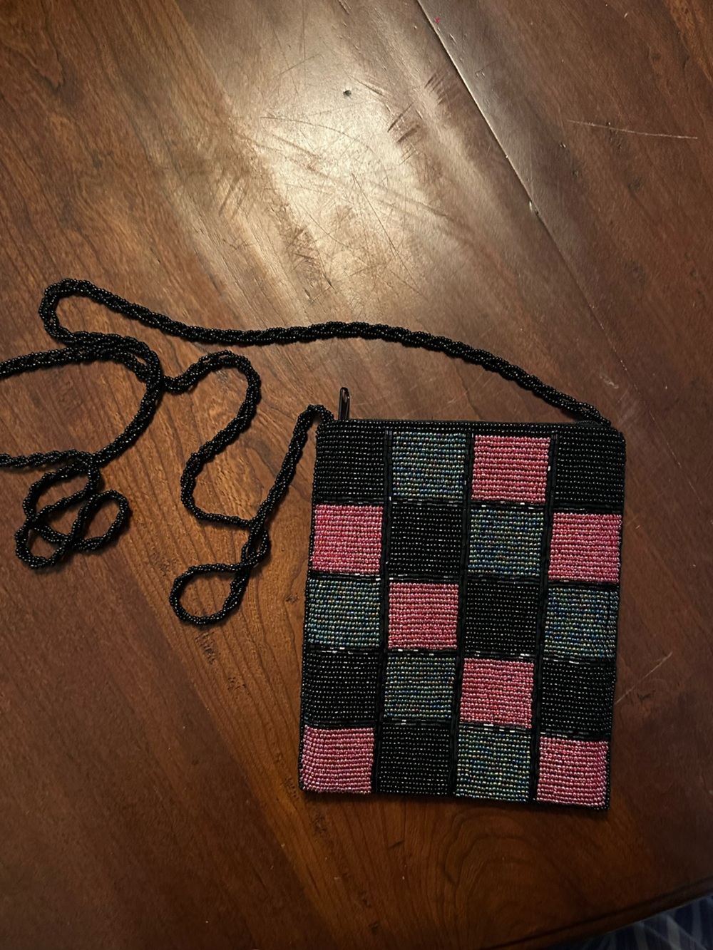 Beaded Checkerboard Crossbody Bag in Black and Pink
